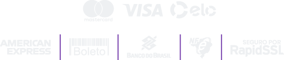 Formas de pagamento: Master, Visa, Elo, American Express, Boleto, BB, NFE, Seguro por RapidSSL